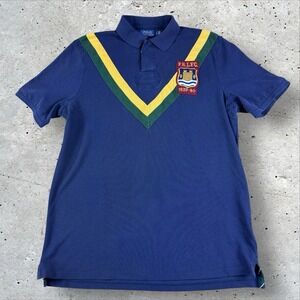 Polo Ralph Lauren Short Sleeve Rugby Shirt PRLFC Men's‎ Large Navy Striped Crest